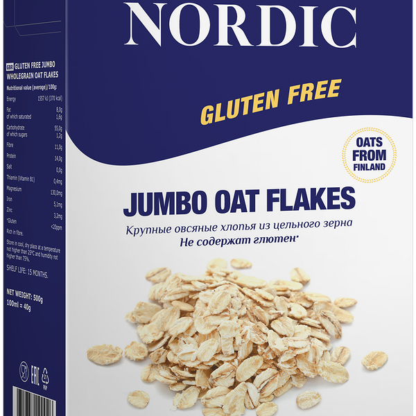 Хлопья овсяные Nordic цельнозерновые крупные (без глютена) 500г, Россия