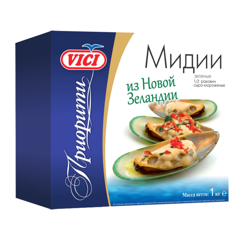 

Мидии зелёные 1/2 раковин свеже-мороженые VICI 1000 г, Россия