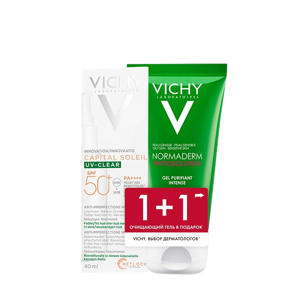 Vichy набор Capital Soleil uv-clear (флюид солнцезащитный для лица SPF 50+, 40 мл + гель для умывания, 50 мл)