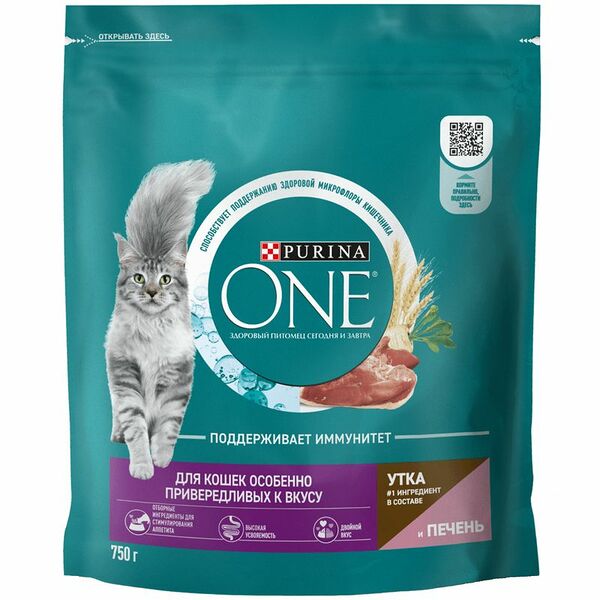 Корм Purina One для взрослых кошек утка с печенью, 750г