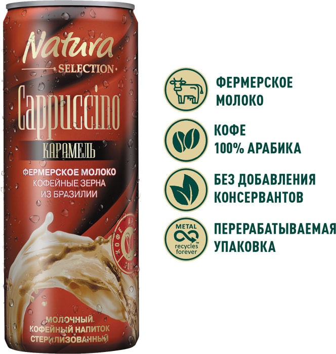 

Напиток молочно-кофейный Natura Selection Cappuccino карамель стерилизованный 2,4% 220 мл