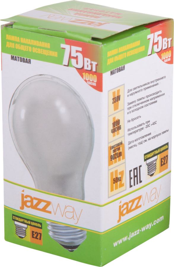 

Лампа накаливания JAZZWAY A55 75Вт E27, 240V, матовая