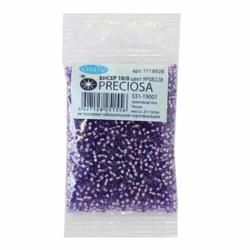 (08228) 331-19001-10/0 Бисер прозрачный цветной с серебр. центром 10/0, круг.отв., 20гр Preciosa,упак