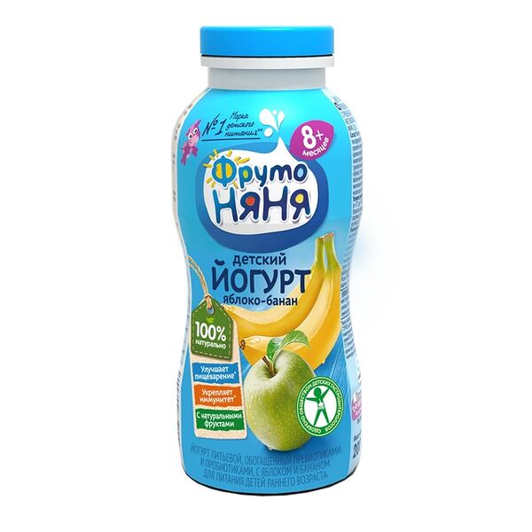 Йогурт ФрутоНяня с яблоком и бананом питьевой обогащенный пребиотиком 2.5%, 200 г