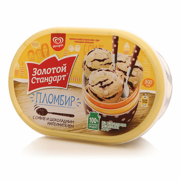 Мороженое пломбир в контейнере c суфле и шоколадным наполнителем ТМ Золотой стандарт