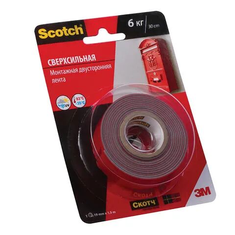 Лента монтажная Scotch двухсторонняя сверхсильная 19 мм х 1.5 м