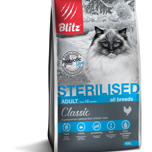 Сухой корм Blitz Classic Sterilised для стерилизованных кошек и кастрированных котов Курица