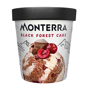 Мороженое сливочное Monterra Black Forest Cake двухслойное шоколадное с вишней и кусочками печенья, 300г