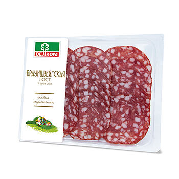 Колбаса сырокопчёная Брауншвейгская полусухая Велком, нарезка