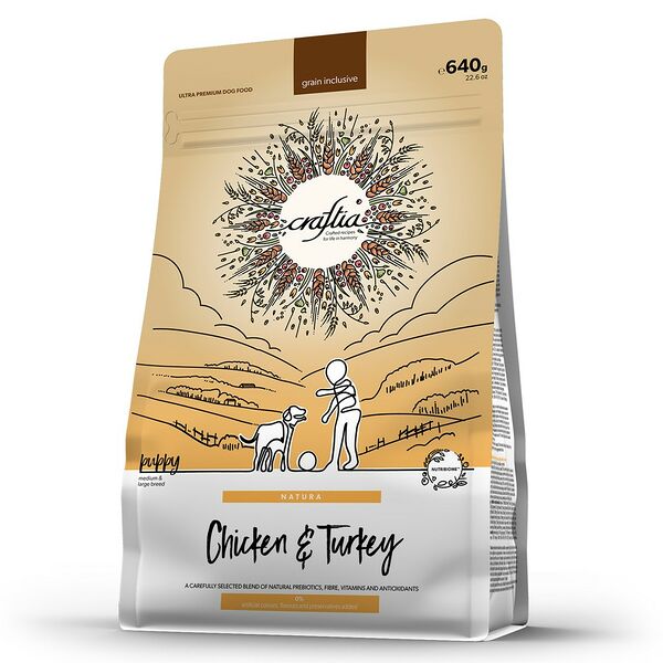 Корм для щенков сухой CRAFTIA Natura для средних и крупных пород, из курицы и индейки 640г