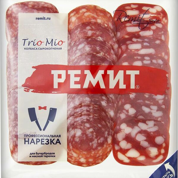 Колбаса сырокопчёная Ремит ассорти Trio Mio для бутербродов и мясной тарелки, нарезка