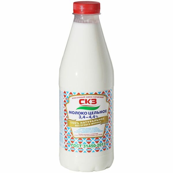 Молоко СКЗ цельное пастеризованное 3.4-4.4% 950мл