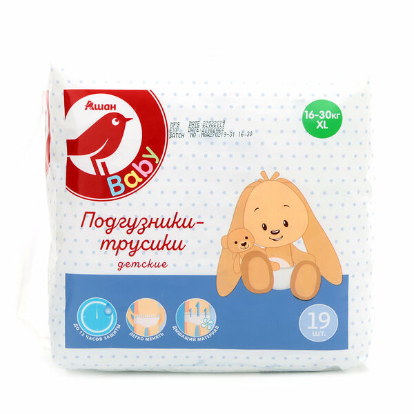 Трусики-подгузники АШАН Красная птица XL 7 (16-30 кг), 19 шт