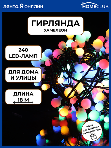 

Электрогирлянда светодиодная HOMECLUB Premium Шарики, Хамелеон, 240 LED, мульти, IP44 Арт.BLO2062, 18м