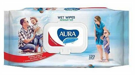 Салфетки влажные Aura Family Зеленый чай с антибактериальным эффектом, 120 шт.