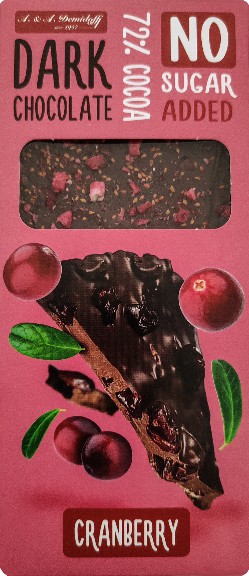 

Горький шоколад A.&A.Demidoff без сахара с добавлением кусочков сушенной клюквы 72% 90 г