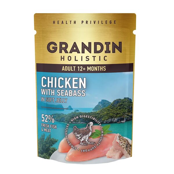 Влажный корм Grandin для взрослых кошек, курица с морским окунем в нежном желе, 85 гр.