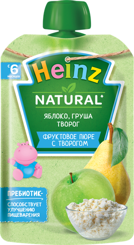

Пюре фруктово-творожное HEINZ Natural Яблоко, груша, с творогом, с 6 месяцев, 90г