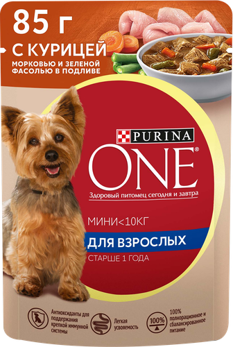 

Влажный корм Purina One Мини Взрослая для собак мелких пород и карликовых пород с курицей, морковью и зеленой фасолью в подливе 85 г