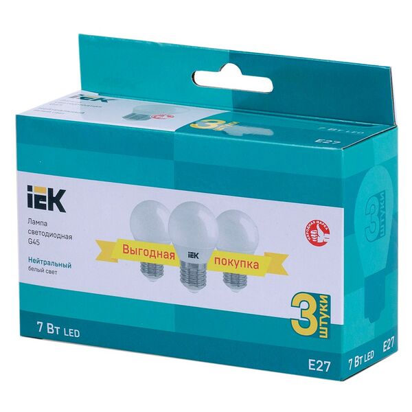Лампа светодиодная IEK, E27, G45, шар, 7Вт, 4000К, 230В, 3шт
