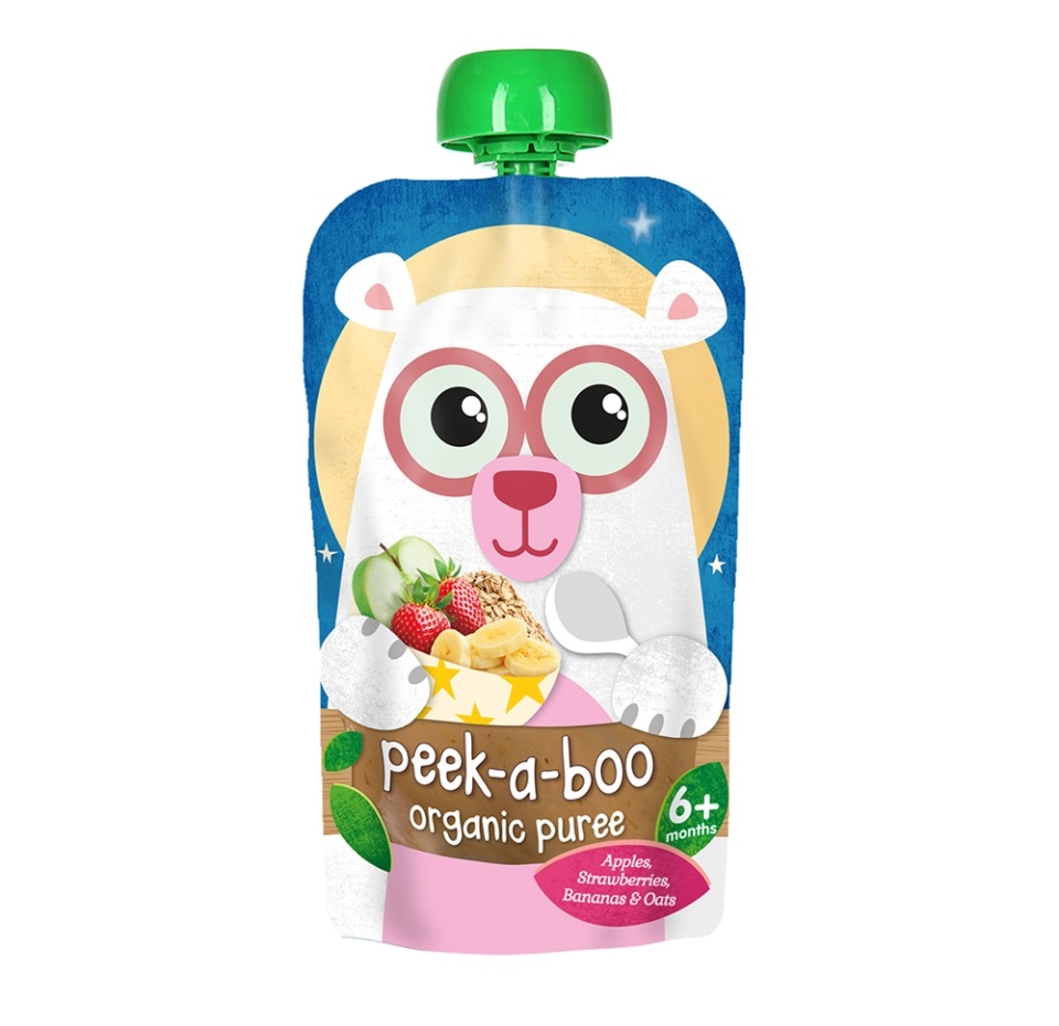 

Пюре «Яблоко, банан, клубника, овсянка» с 6 месяцев, Peek-a-boo, 113 г, Испания
