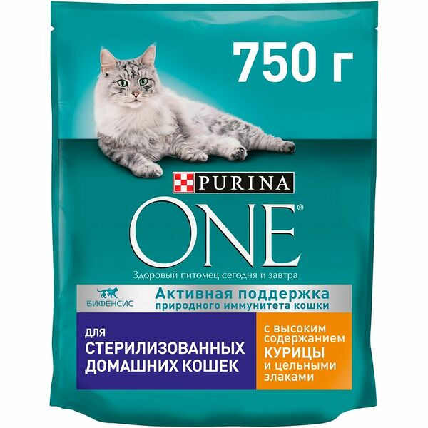 Сухой корм Purina ONE для кошек с курицей и цельными злаками, 750г