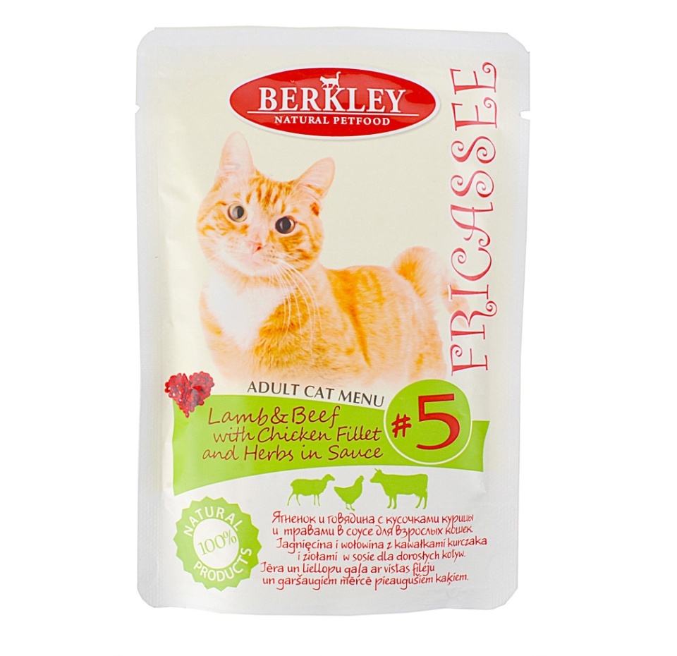 

Корм для кошек Berkley Фрикасе ягненок и говядина с кусочками курицы и травами в соусе 85 г