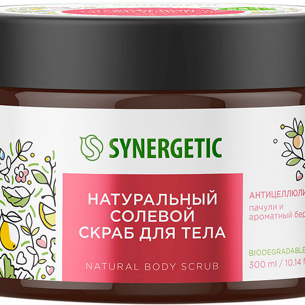 Скраб для тела Synergetic Натуральный солевой антицеллюлитный пачули и ароматный бергамот 300 мл