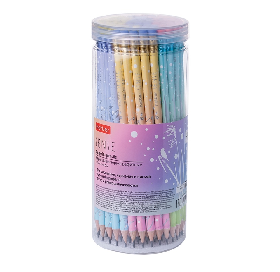 

Карандаш чернографитный Hatber Sense круглый корпус Sense Ассорти HB с ластиком 1 шт, дизайн в ассортименте