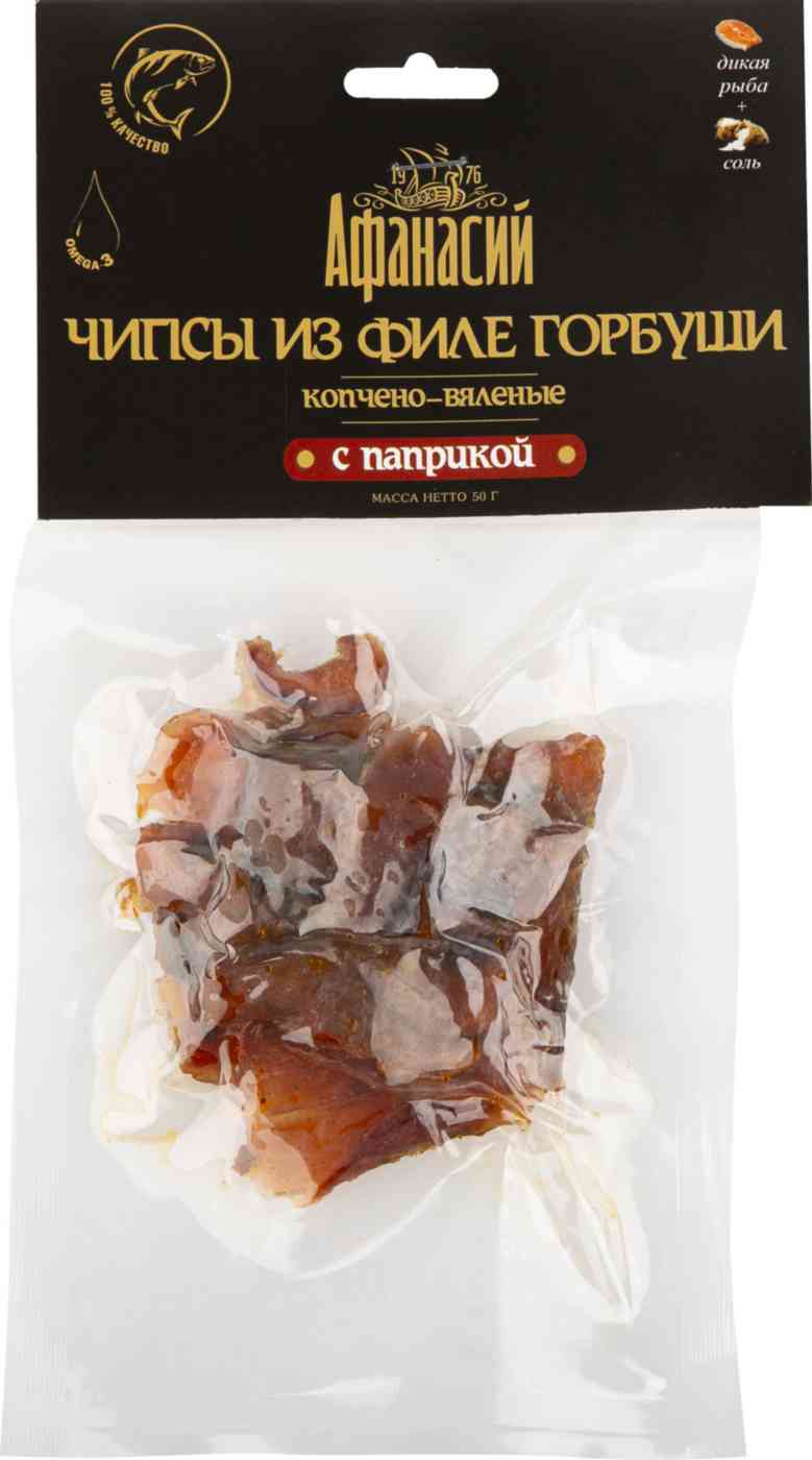 

Чипсы из филе горбуши Афанасий с паприкой копчёно-вяленые 50 г
