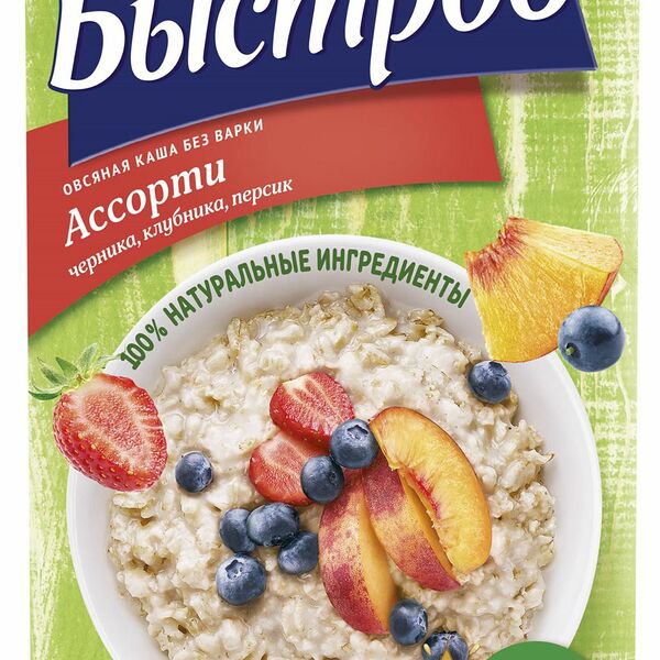 Каша овсяная Быстров без варки с черникой, с клубникой, с персиком коробка, 40 г х 6 шт
