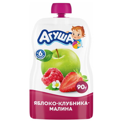 Детское фруктово-ягодное пюре Агуша Яблоко-клубника-малина, с 6 месяцев, 90г