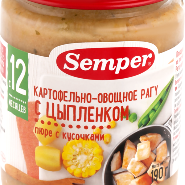 Пюре картофельно-овощное рагу Semper с цыплёнком с 12 месяцев, 190 г
