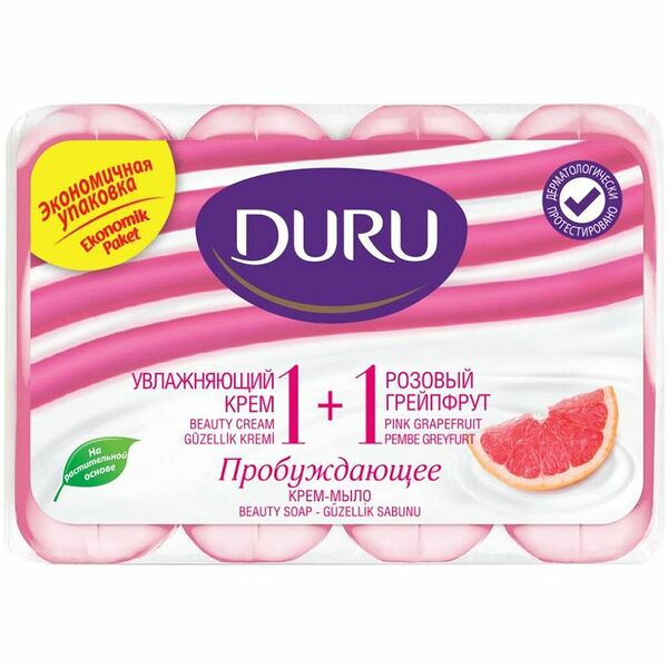 Мыло Duru 1+1 Увлажняющий Крем и Розовый Грейпфрут туалетное, 4х80г
