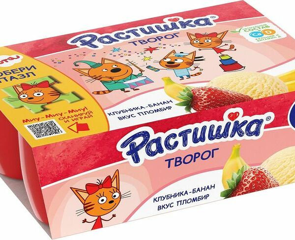 Творог Растишка Клубника-банан, Пломбир, с 3 лет, 3.5% (6 шт.)