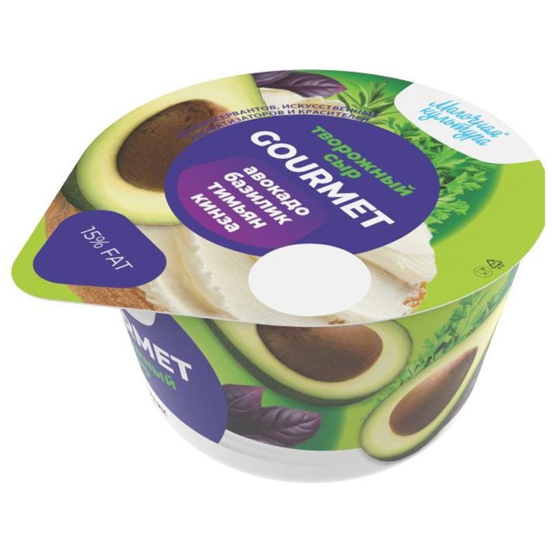 

Сыр творожный Молочная Культура Gourmet с авокадо, базиликом, тимьяном и кинзой 50% 130г