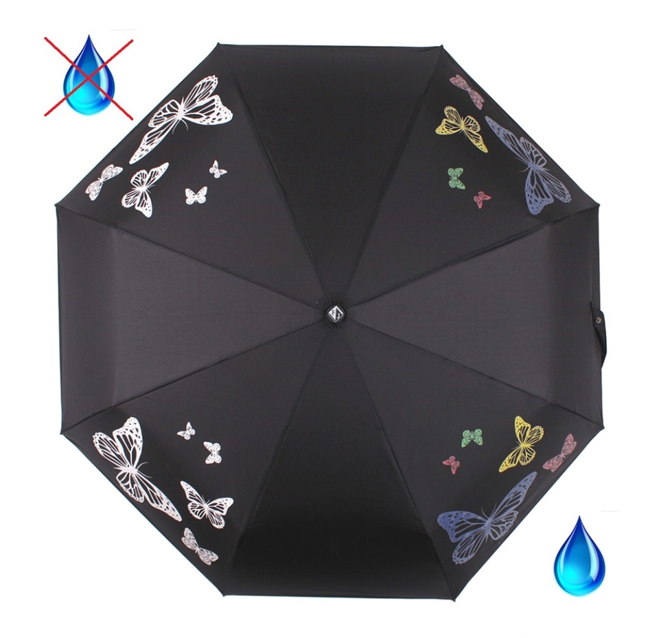 

Зонт Flioraj Тайные знаки, бабочки женский с проявляющимся рисунком, автомат, черный