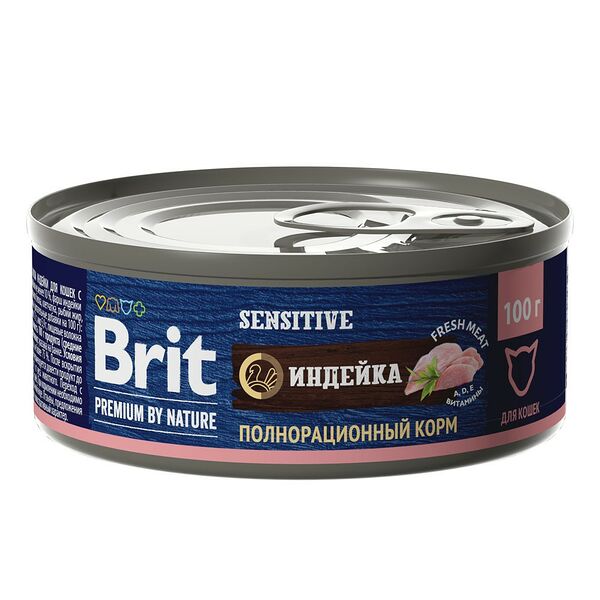 Корм для кошек BRIT Premium by Nature с чувствительным пищеварением, мясо индейки банка