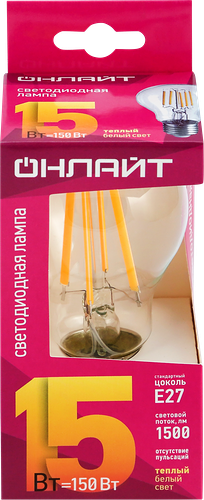Лампа светодиодная ОНЛАЙТ LED 15Вт, 2700К, Е27, груша, филамент Арт. 80878