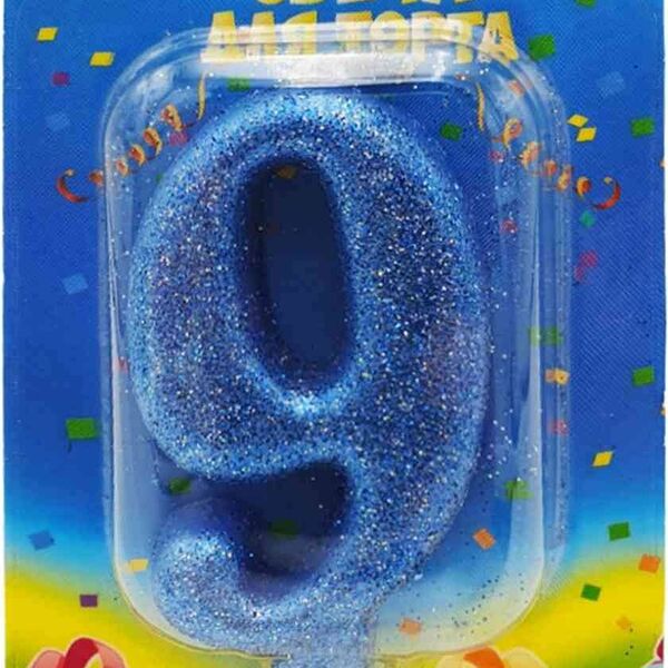 Свеча Овал цифра: 9 синий блеск