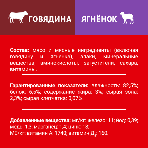 

Влажный корм Дарлинг для взрослых собак, говядина с ягненком в подливе 75 г
