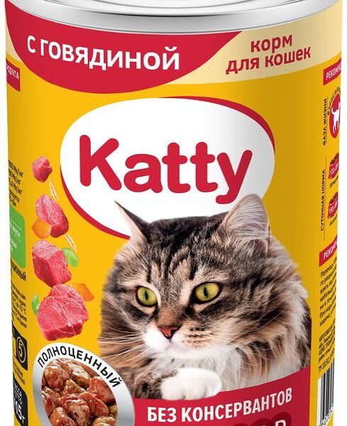 Корм влажный Katty с говядиной для взрослых кошек 415г