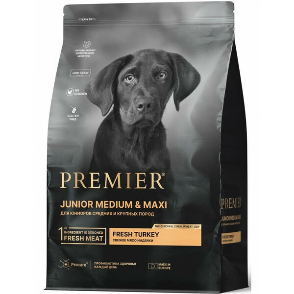 Сухой корм для собак Premier Dog Turkey Junior Medium&Maxi для юниоров, свежее мясо индейки 1кг