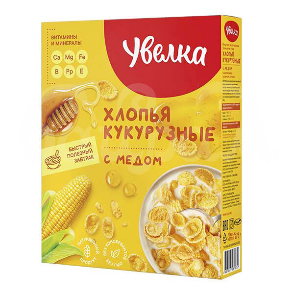 Завтрак сухой Увелка Хлопья кукурузные 275гр с Медом карт/уп