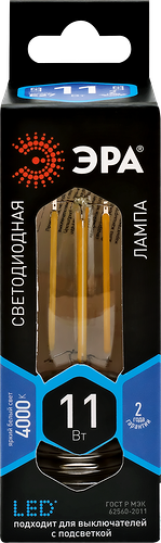 Лампа светодиодная ЭРА F-LED B35-11W-840-E27, 11Вт, филамент, свеча, E27, нейтральный белый свет, Арт. Б0046988