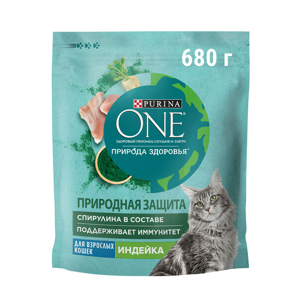 Сухой корм Purina ONE® Природа Здоровья® для взрослых кошек, со спирулиной, с высоким содержанием индейки, 680 г