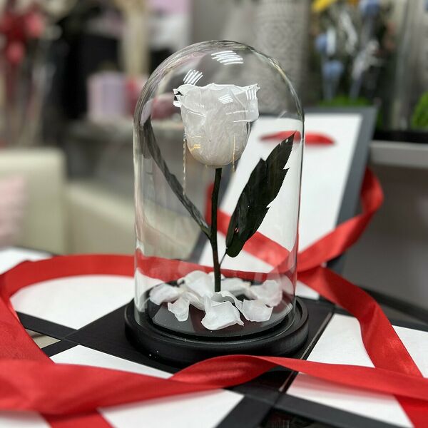 Белая «Мини» Роза в колбе в подарочной коробке- живет 5 лет. 22 см