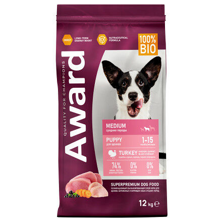 Сухой корм для щенков Award для средних пород и беременных и кормящих сук с индейкой и курицей с добавлением моркови и черной смородины 12 кг