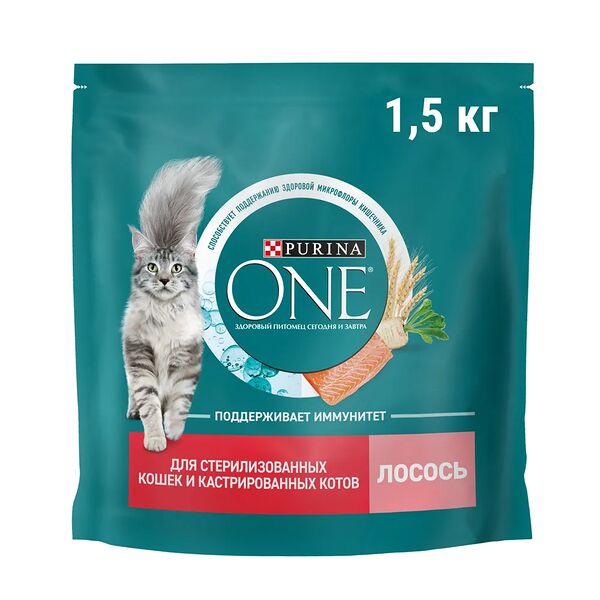 Сухой корм Purina ONE® полнорационный для стерилизованных кошек и кастрированных котов, с высоким содержанием лосося, 1,5 кг