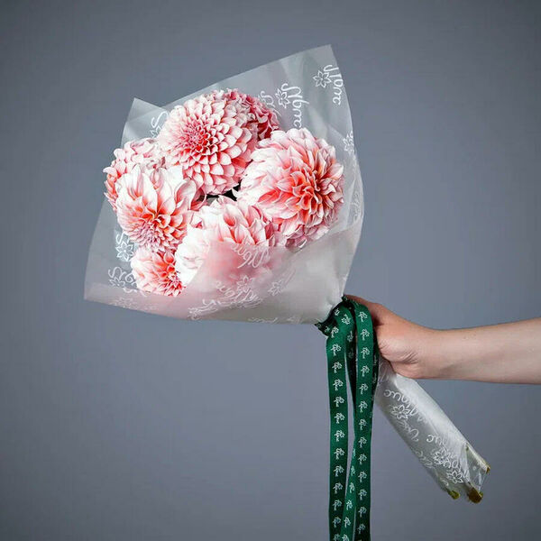 Монобукет из 7 коралловых георгинов в упаковке